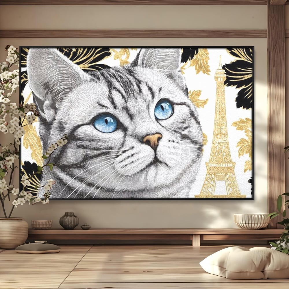Tablou canvas cu tablou canvas cu pisica si turnul eiffel, in rama de aluminiu negru